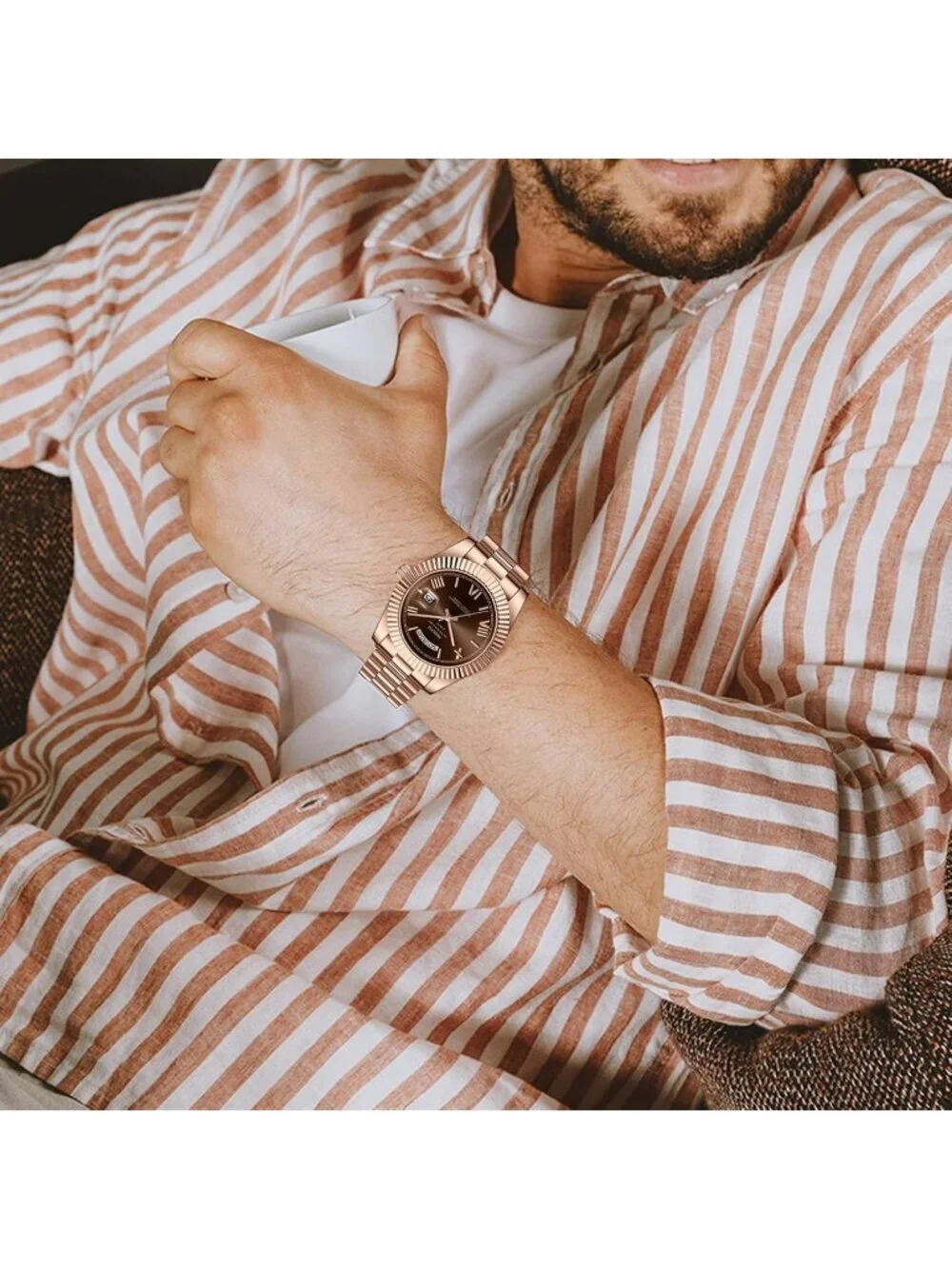 Nibosi Men's Rose Brown Analog Quartz Stainless Waterproof Desiger Wrist Watch